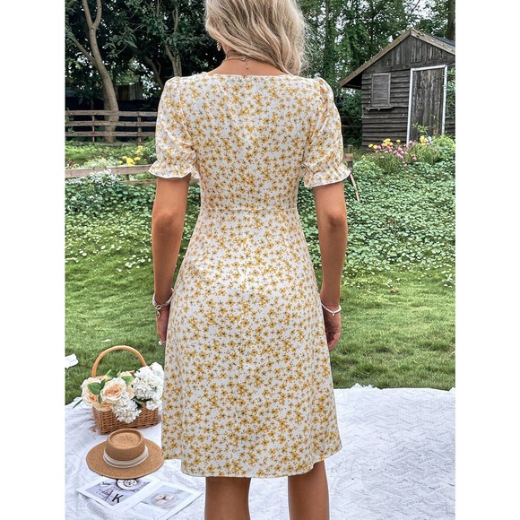 preppy Floral Print Puff Sleeve Split Thigh mini Dress - Picture 4 of 11